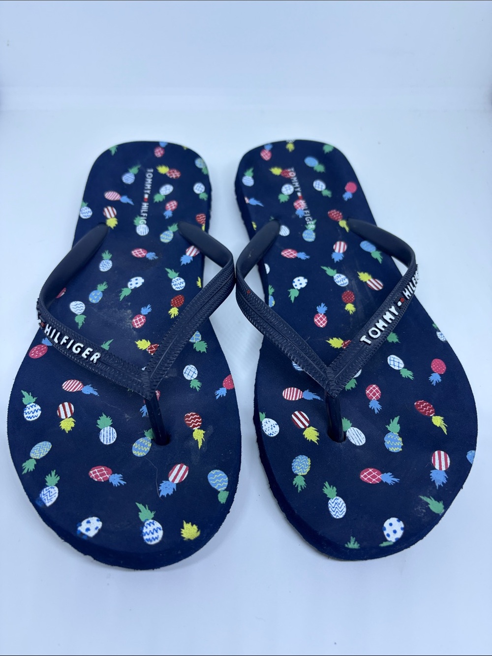 Tommy Hilfiger Navy Pineapple Pattern women’s Flip Flops 7/8